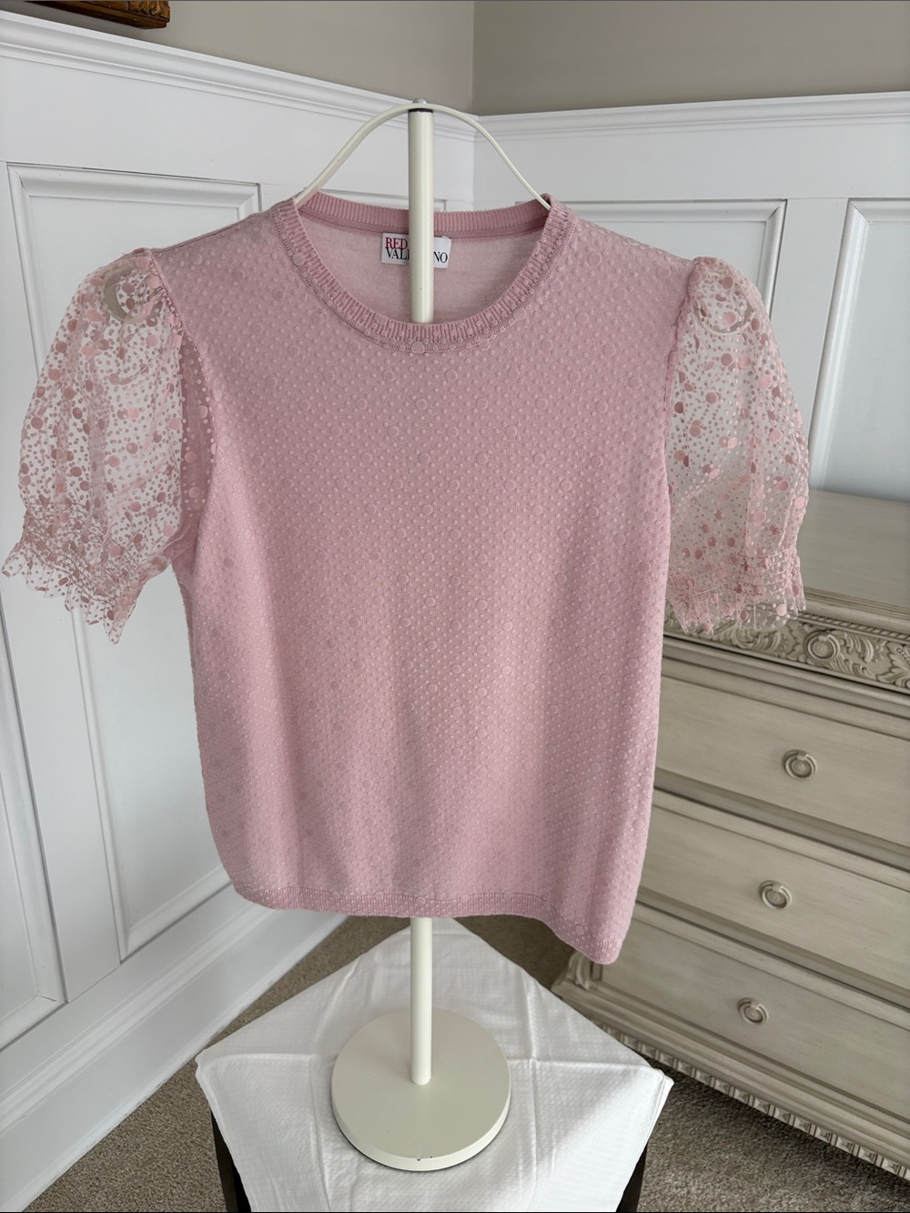 RED Valentino Dusty Pink Puff Sleeve Lace Knit Top